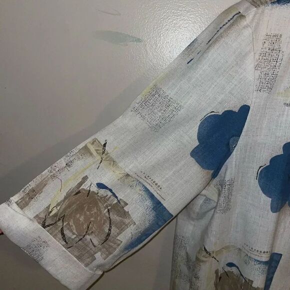 Jeanne Blue Beige Floral Linen Blend Short Sleeve Blazer Jacket - Picture 8 of 8